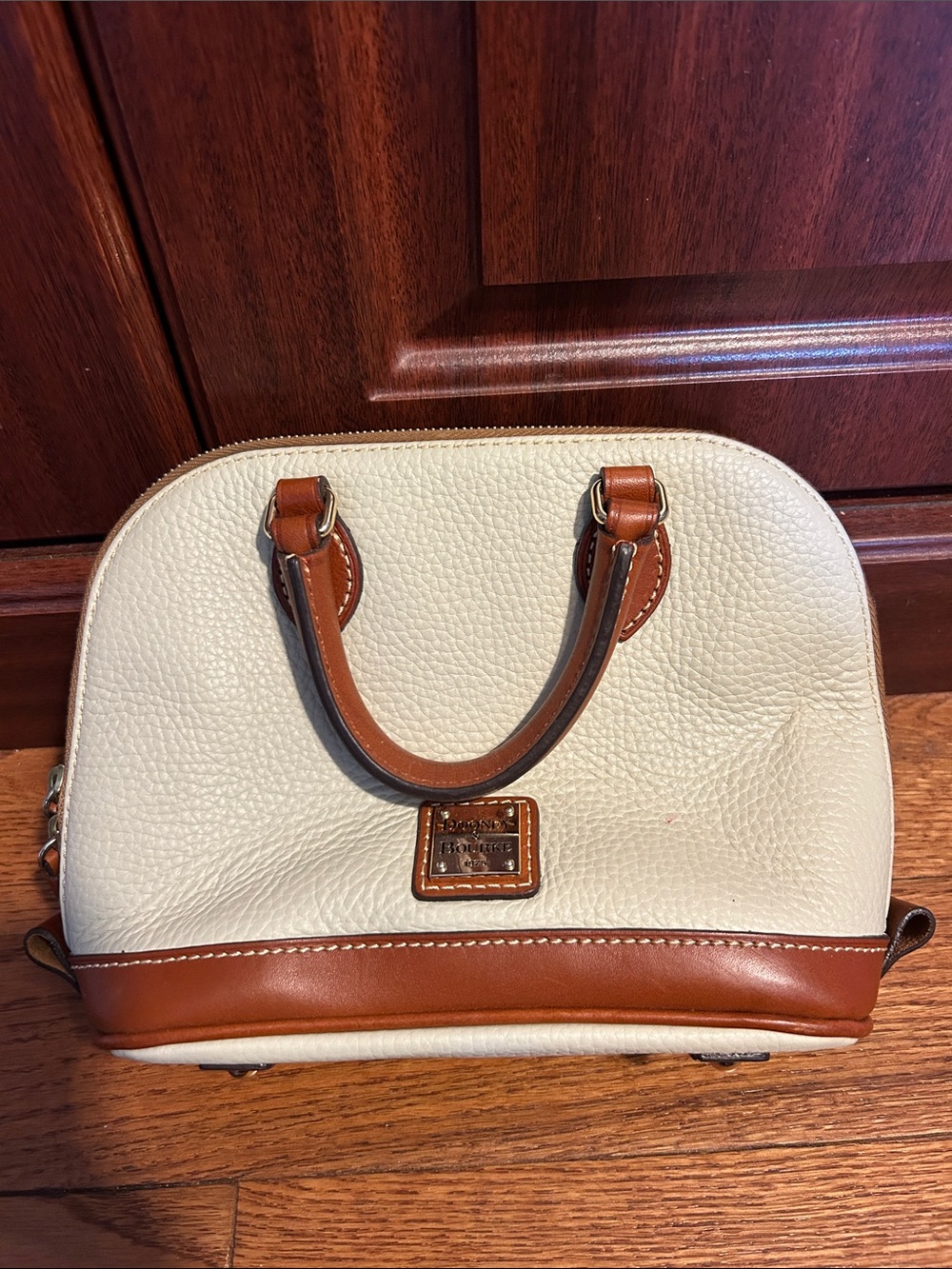 Dooney & Bourke Cream and Brown Pebbled Leather Dome Satchel